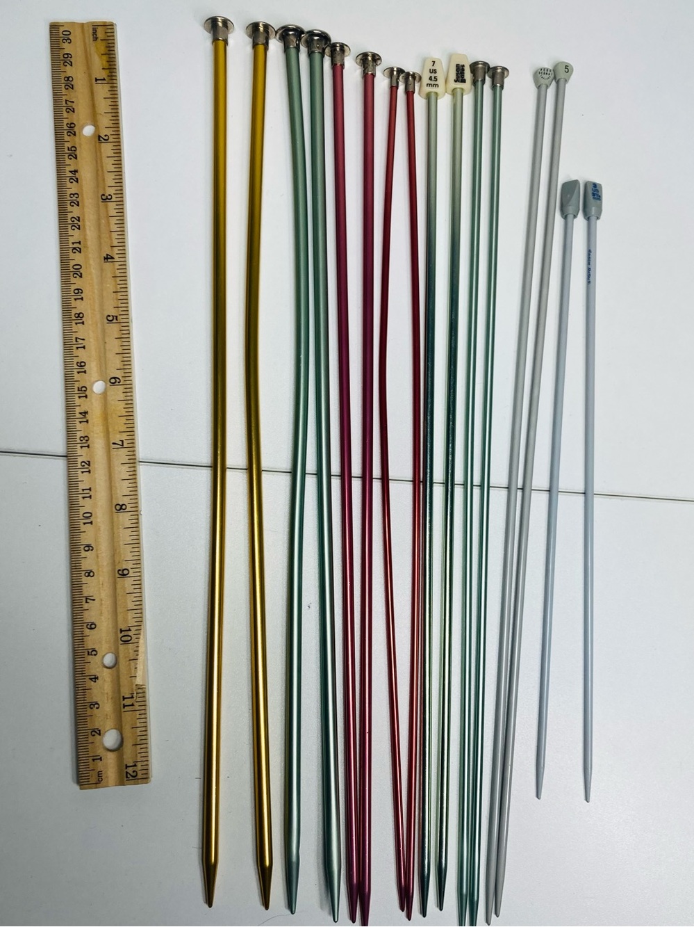 8 Sets of Various Brands Single Point Knitting Needles- Gold, Red, Green, Silver